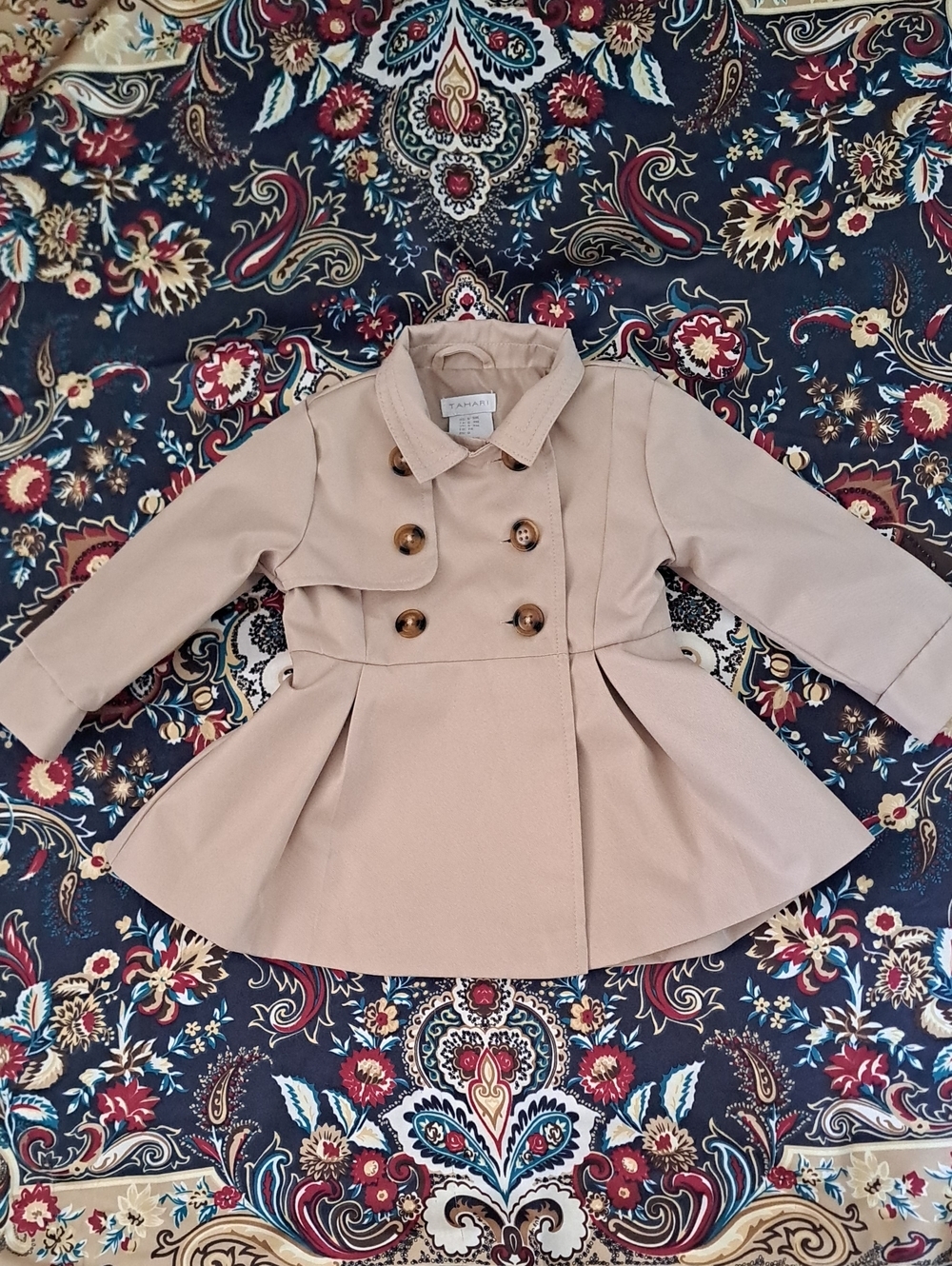 Tahari Girls' Beige Double-Breasted Peplum Coat